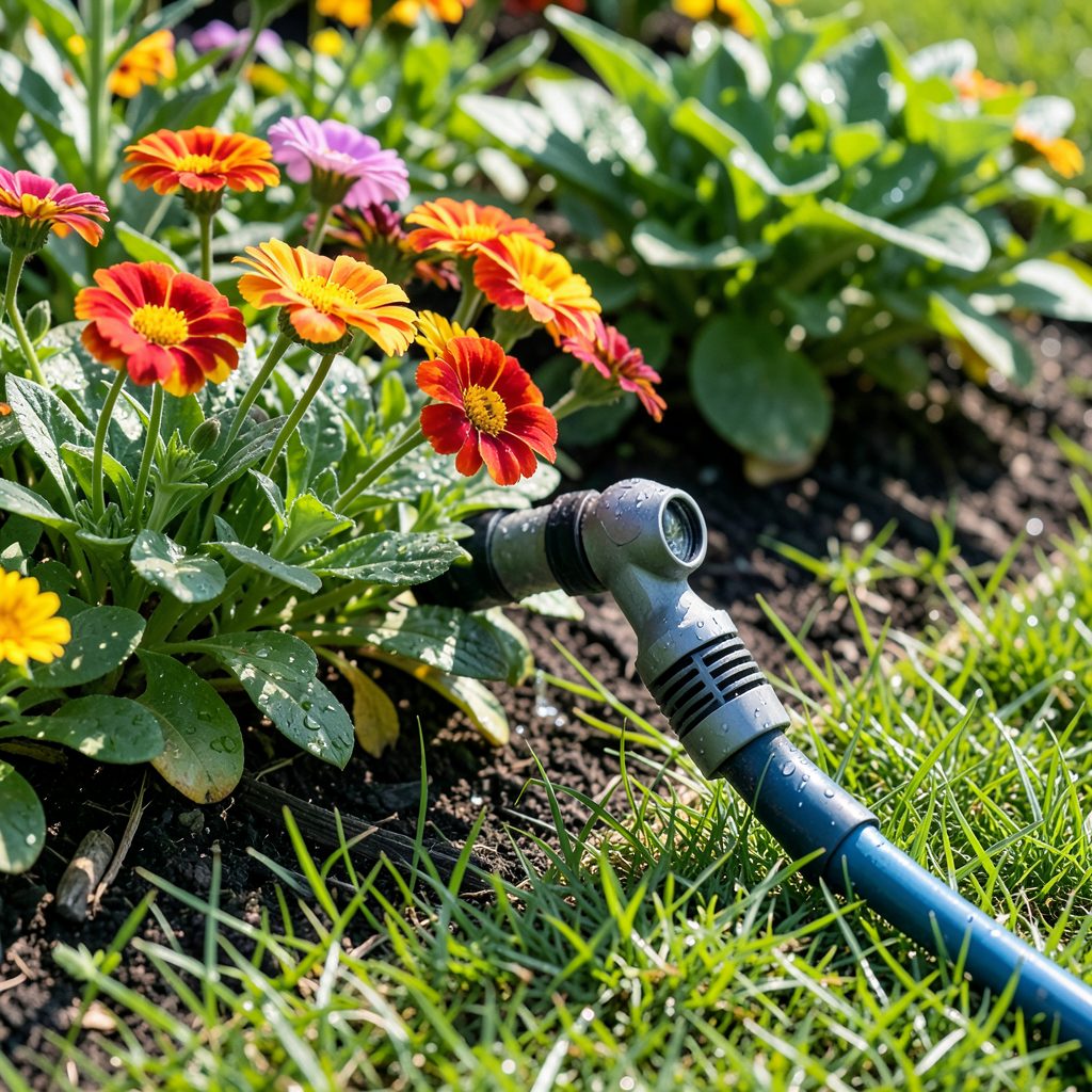 A garden hose-end sprayer attachment resting on green grass beside blooming annual flowers in a sunny garden bed, with droplets of water visible on the leaves.