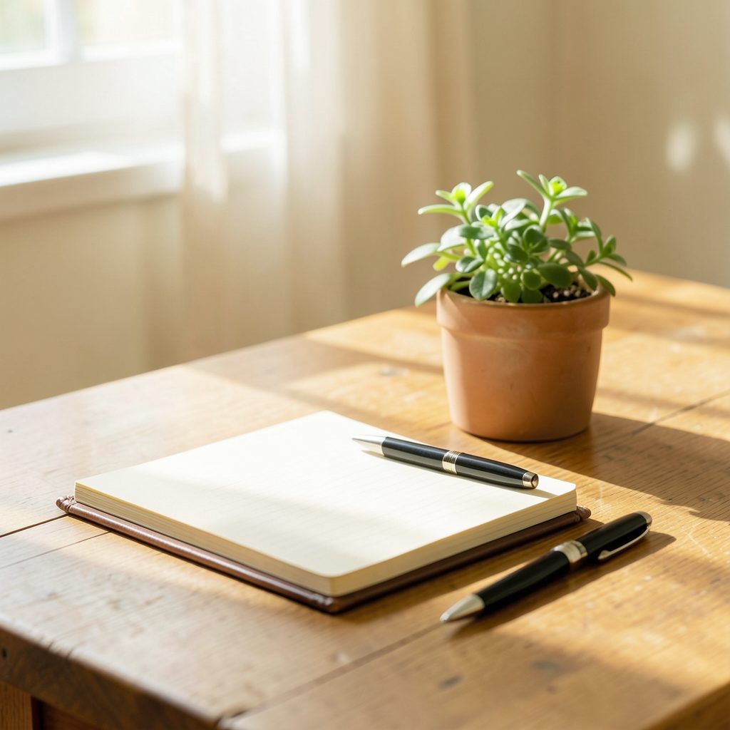 A sunlit wooden desk with a notebook, pen, and a small potted plant, warm cream and soft green tones, calm and inviting atmosphere.
