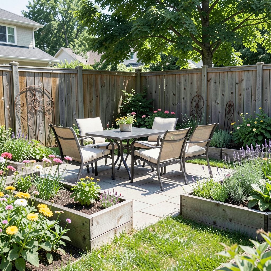 A sunny suburban backyard with a tidy patio seating area, raised garden beds along a wooden fence, and decorative metal yard art pieces placed among flowering perennials.
