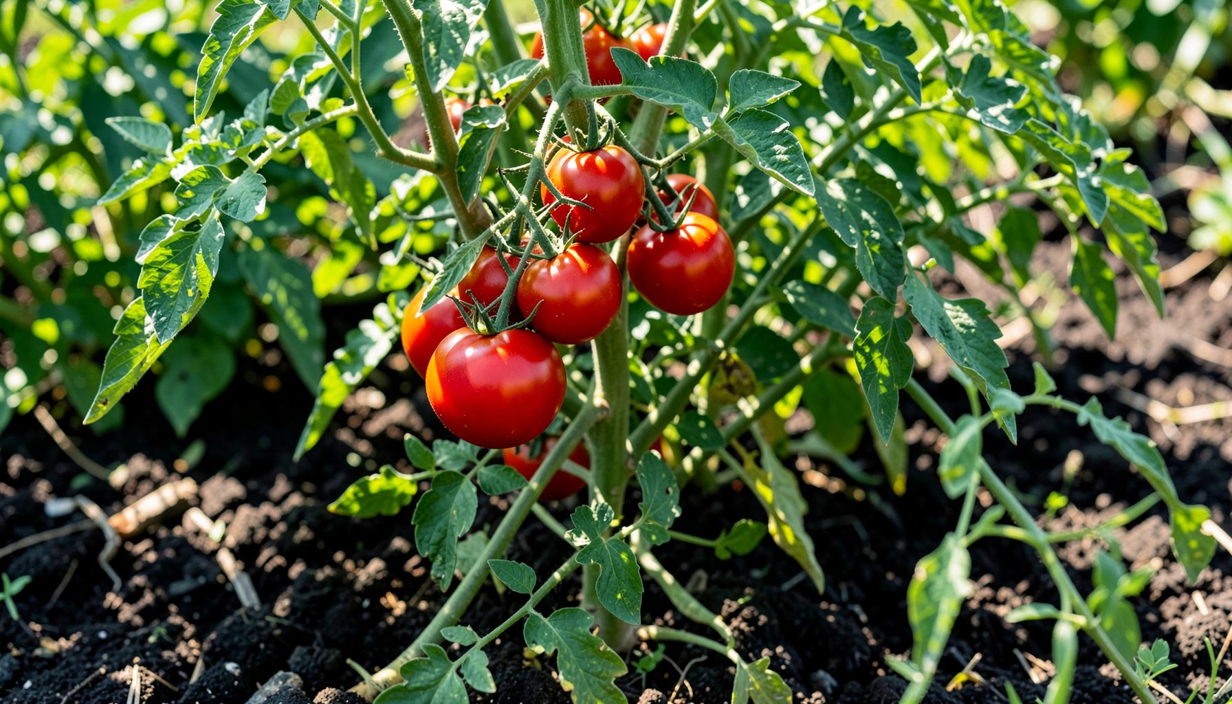 Ripe red tomatoes on the vine in a sunny garden bed, surrounded by rich green foliage and dark soil.