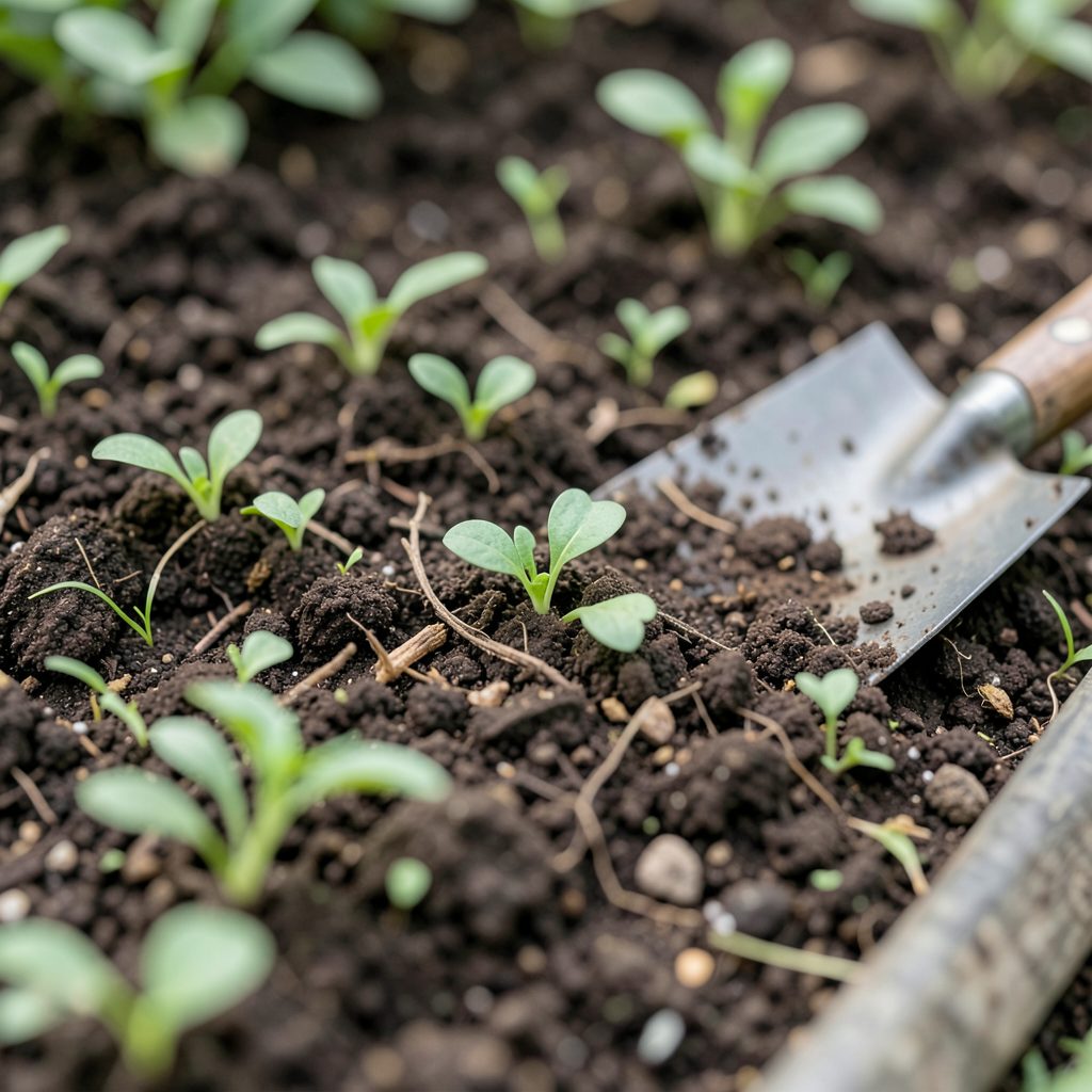 A close view of rich garden soil with small green seedlings and a trowel resting nearby, in muted earthy browns and soft sage greens.