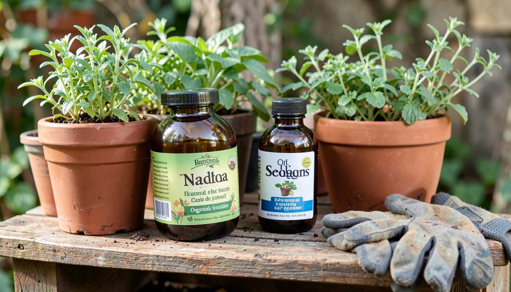 Bottles of organic garden nutrients on a wooden potting bench, with potted herbs and gardening gloves nearby.