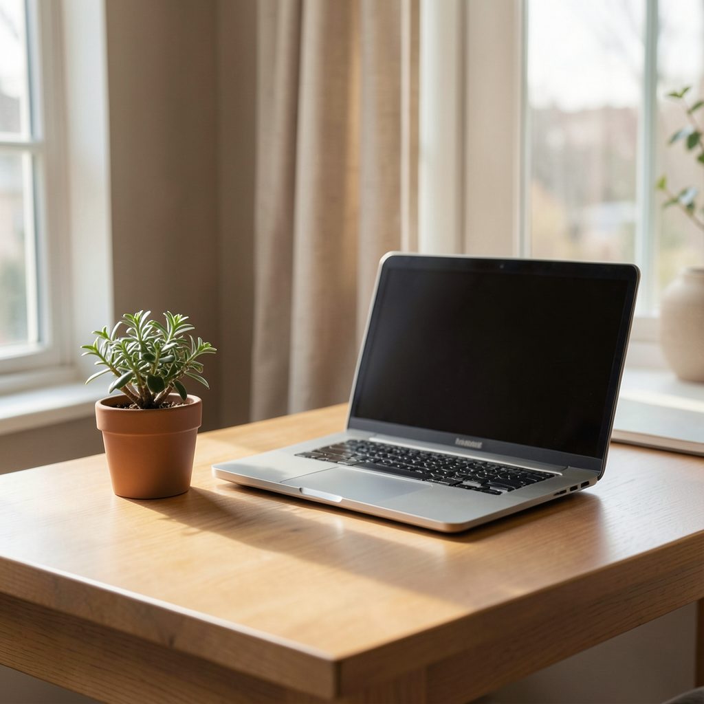 A cozy home workspace with a laptop, a small potted plant on a wooden desk, and soft natural light filtering through a window, warm neutral tones