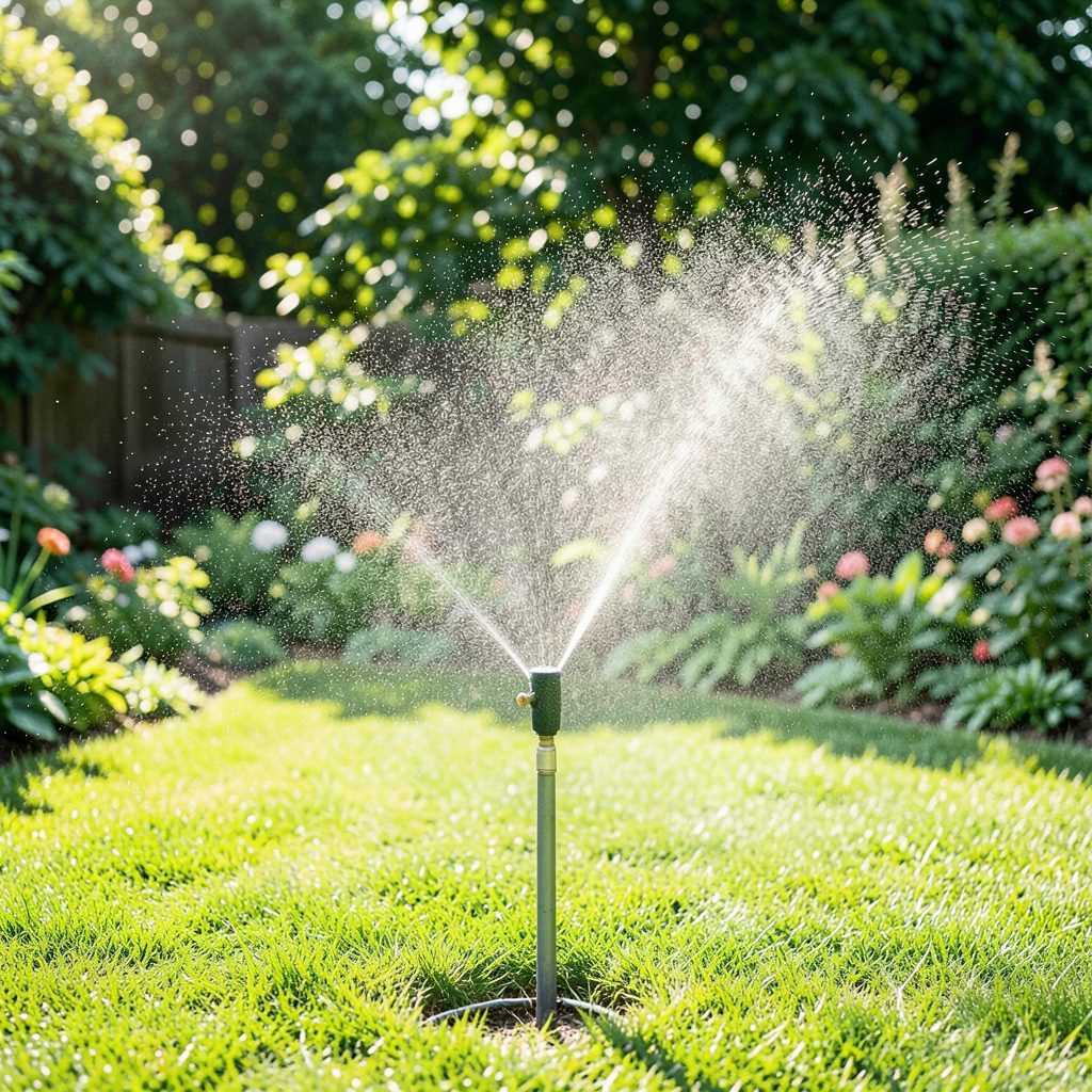 A homemade garden sprinkler system spraying a fine mist over a lush green lawn on a bright afternoon.
