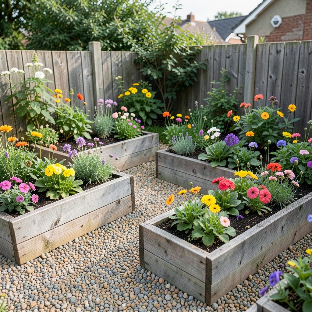 A charming small garden with raised beds made from reclaimed wood, colorful flowers, and gravel paths on a modest budget.