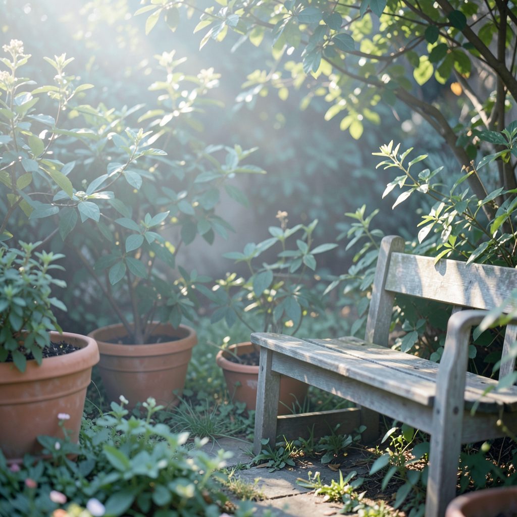 A sunlit garden scene with lush green foliage, terracotta pots, and a weathered wooden bench, painted in soft hazy blue-grey and warm earthy tones.