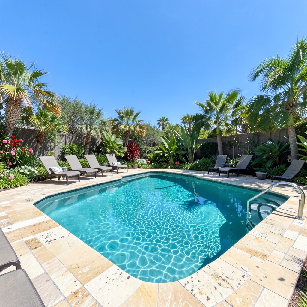A stunning backyard swimming pool with turquoise water, surrounded by natural stone coping, lounge chairs, and tropical landscaping under a bright blue sky.