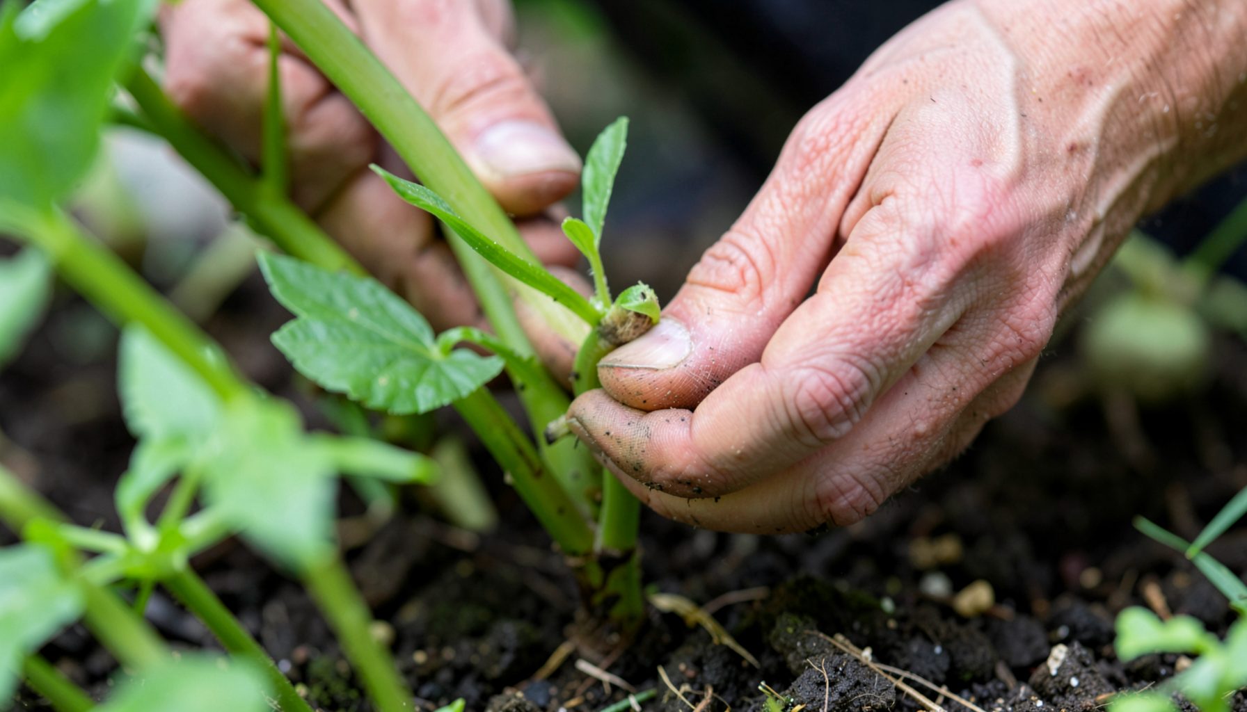 Close-up of a gardener's hands examining a young plant sucker emerging from the base of a green stem.