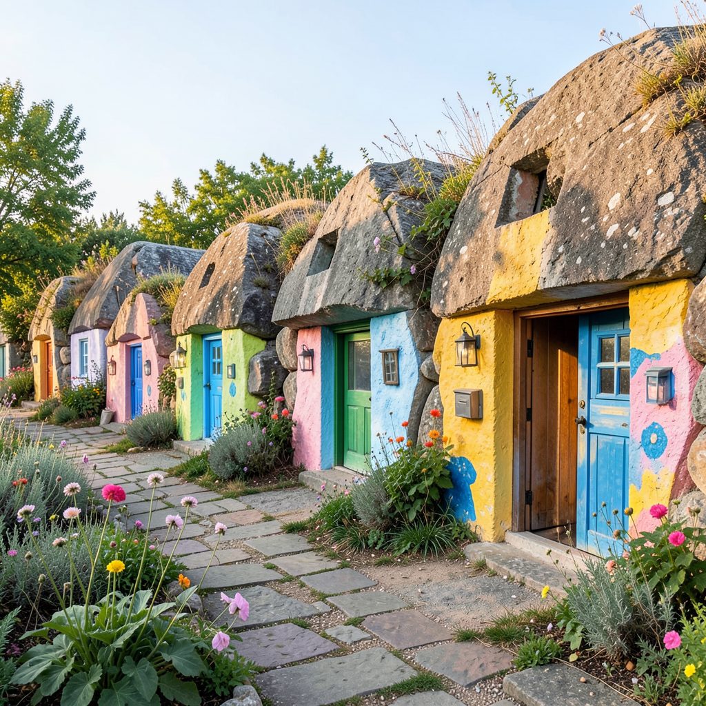 Several hand-painted rock houses arranged along a garden path, each painted in cheerful colors with tiny doors and windows.