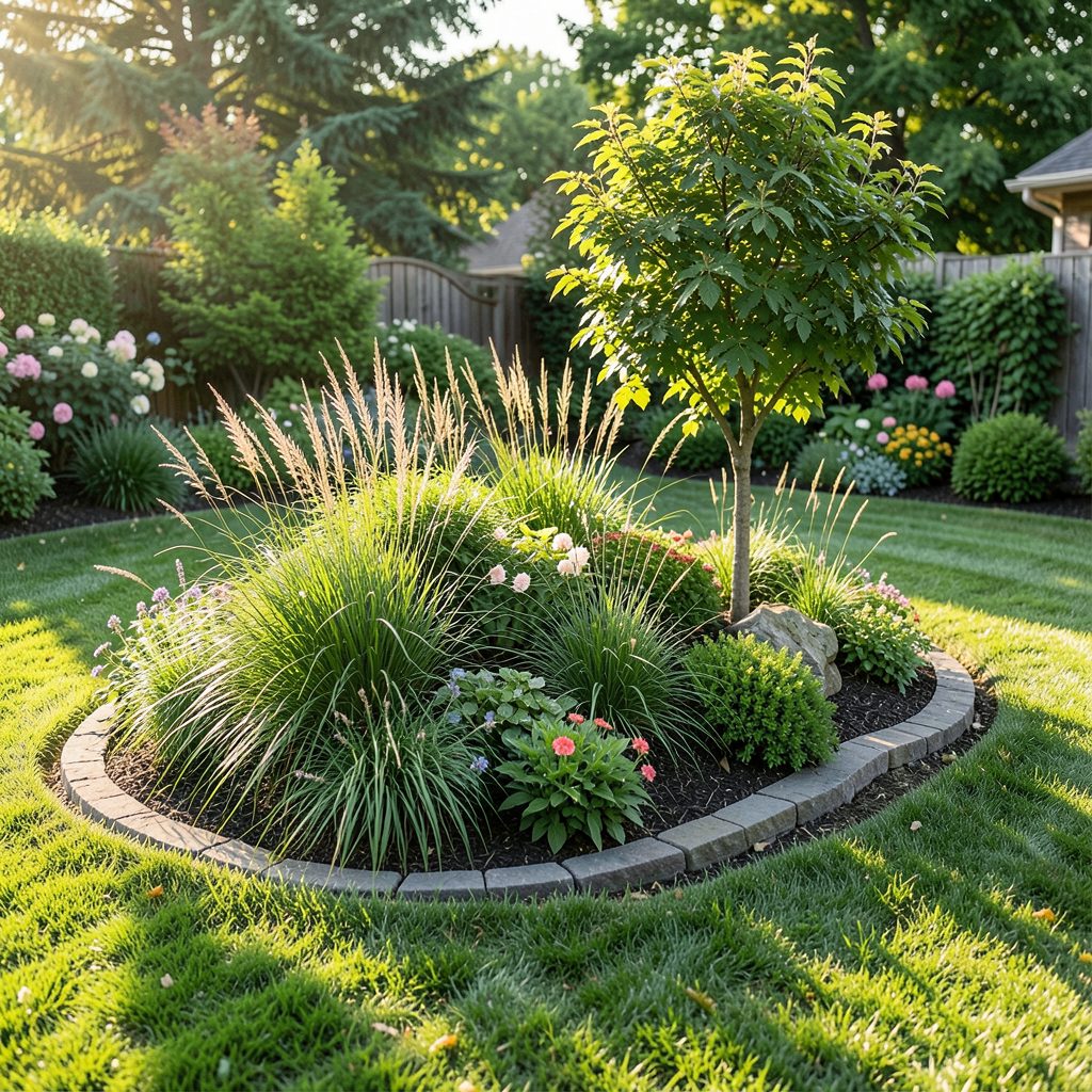 A lush green backyard with a curved landscape island bed filled with ornamental grasses, flowering shrubs, and a small ornamental tree, bordered by neatly trimmed lawn under soft afternoon sunlight.